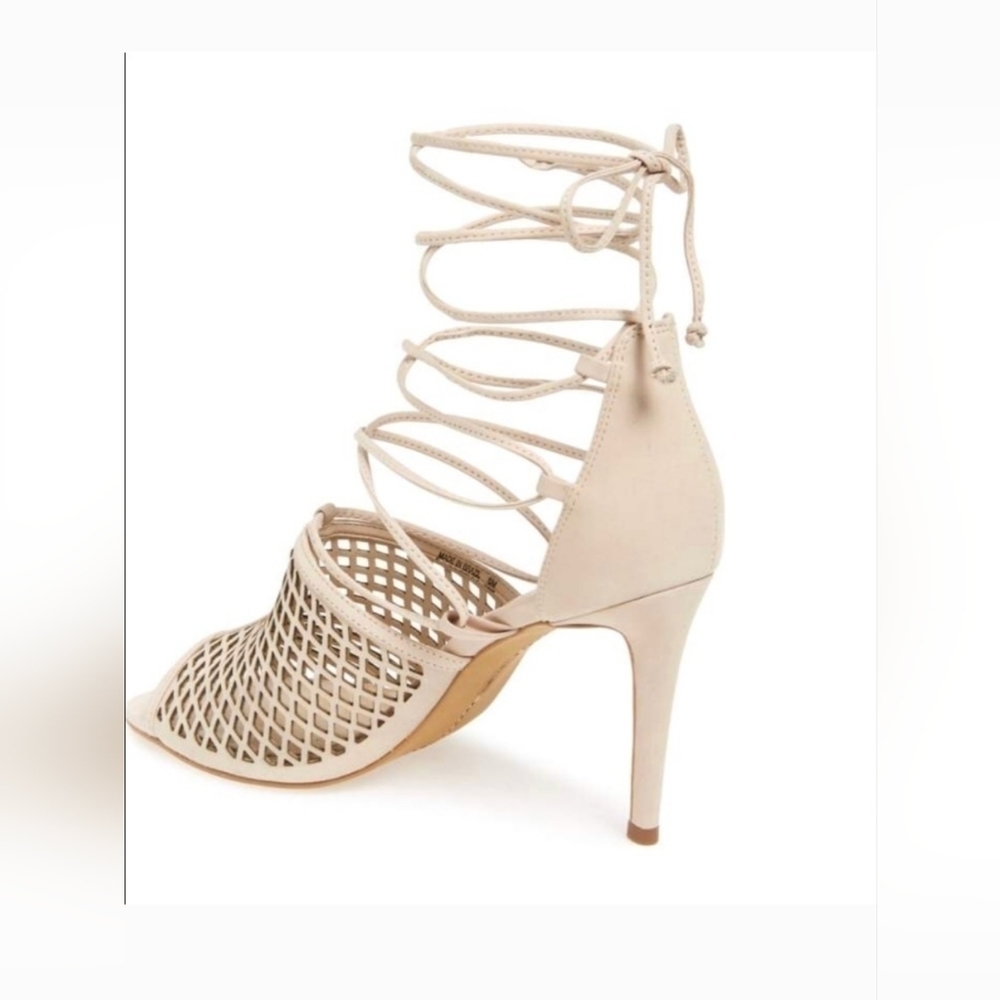 Vince Camuto Vasha Lace Tie Up High Heel Strappy Cutout Nude Beige Sandals 9.5 - Picture 2 of 14